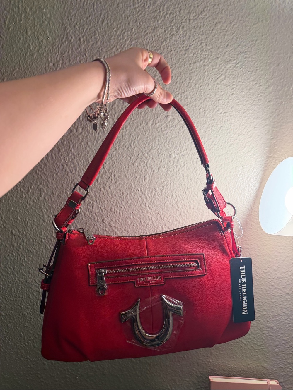 True Religion Red Leatherette Shoulder Bag with Horseshoe Hardware